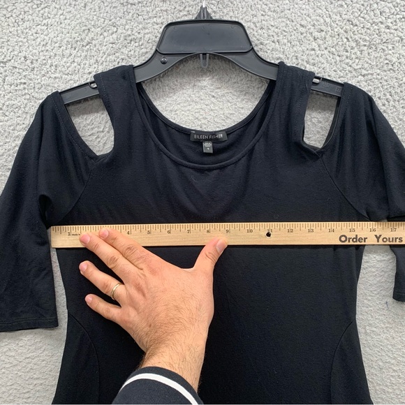 Eileen Fisher Dress Black Cold Shoulder Half 3/4 Sleeve Stretch Lagenlook Size S - Picture 3 of 10